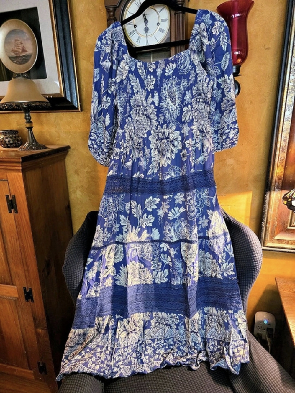 Angie Floral Maxi Dress in Blue & Cream NWT